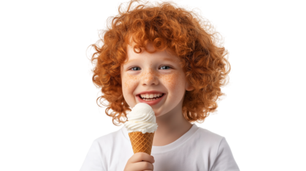 Happy Redhead Boy Enjoying Ice Cream Cone, Isolated on a White Background – Sweet Summer Treat