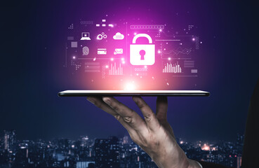 Digital cyber security lock system highlighting data security encryption, cyber password...