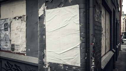 Blank Creased Poster Mockup on Urban Brick Wall, Grunge Style, Dark Moody Atmosphere