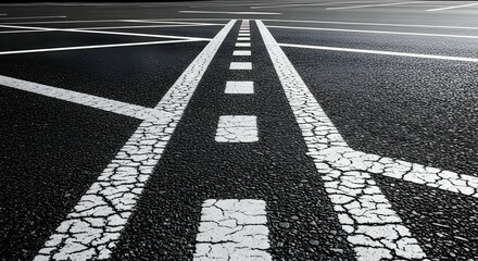 Detailed close up of worn road markings on asphalt surface in urban landscape