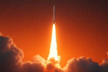 Rocket soars through fiery sky during launch with billowing clouds below