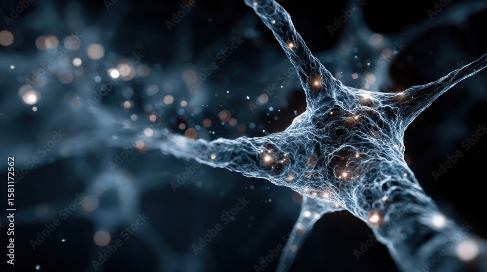 Poster a close-up view of neurons illustrating their intricate structure and the dynamic connections betwee