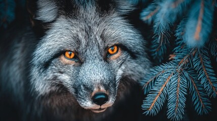 A close-up view of a fox's face is captured, with a pine branch situated in the foreground and a tall pine tree looming in the background
