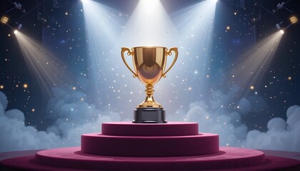 Glowing gold cup on the podium.Dramatic spotlight make the scene more beautiful.      