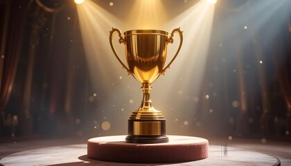 Glowing gold cup on the podium.Dramatic spotlight make the scene more beautiful.      