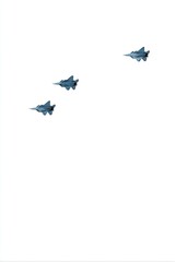 Three fighter jets in flight against a white background.