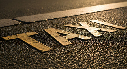 Detailed Close-Up of Taxi Street Marking on Asphalt Road Surface at Night time