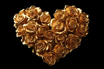 Gold roses arranged in a heart shape on black background