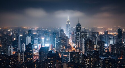 Obraz premium Hong Kong's Dazzling Skyline: A Nightscape of Urban Brilliance and Atmospheric Haze