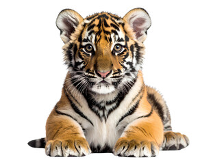 Naklejka premium Cute Tiger cub isolated on a transparent background.