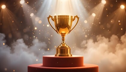 Glowing gold cup on the podium.Dramatic spotlight make the scene more beautiful.      