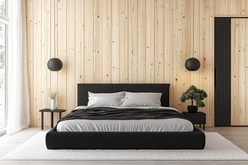 Modern minimalist bedroom with light wood paneling