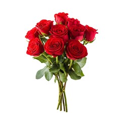 A lush bouquet of vibrant red roses with green leaves elegantly presented isolated on white background