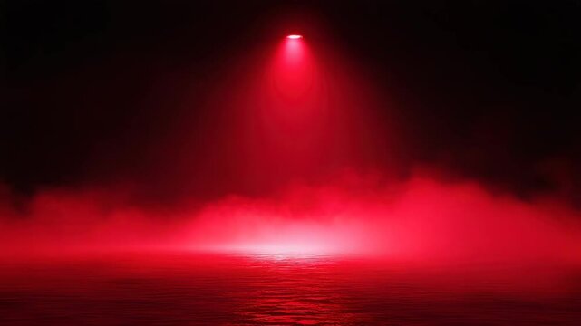 hazy and full of tiny sparkling dust empty concert spotlights lights on stage with a bright red spotlight shining through thick red fog, hazy and full of tiny sparkling dust, red fog motion