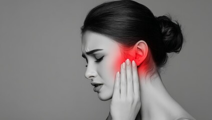 Cheek pain is affecting a woman at her home, with the buccal area inflamed due to a combination of trigeminal neuralgia and teeth clenching habits, exemplifying a medical concept of facial discomfort