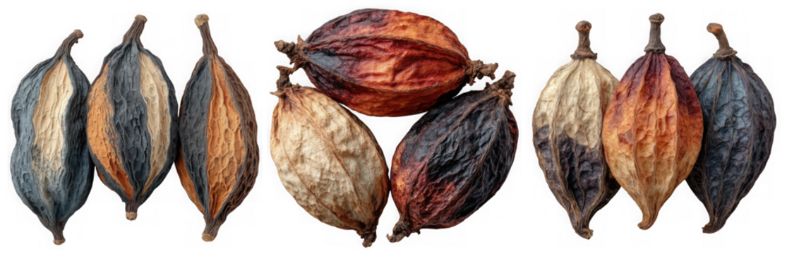 A selection of ripe and dried cocoa pods, the source of chocolate isolated on transparent background