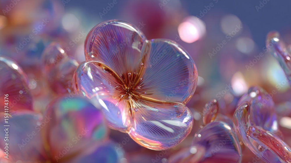 Poster An array of colorful translucent flowers appears to glow gently, reflecting ambient light and creating a mesmerizing visual effect in this artistic composition.