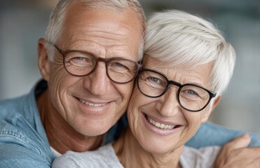 A happy elderly couple shares a heartfelt hug at home, filled with genuine emotions, as they smile and enjoy each other's love and affection in their casual attire and eyeglasses, embodying a joyful