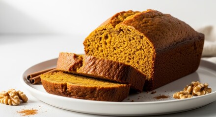 Freshly Baked Golden Pumpkin Bread Loaf, Sliced - High-Resolution Close-up