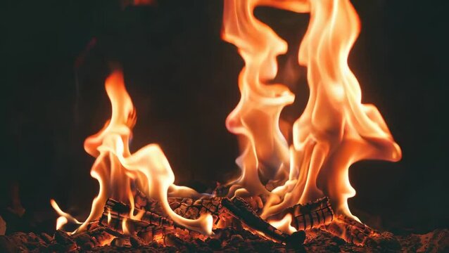 Captivating fireplace video displaying flickering flames and burning logs against a dark, warm background.