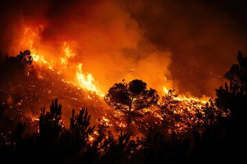 Fiery inferno consuming hillside forest at night
