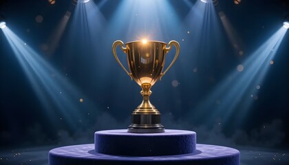 Glowing gold cup on the podium.Dramatic spotlight make the scene more beautiful.      