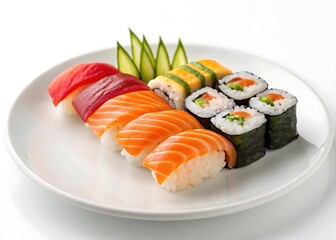 A colorful assortment of sushi, isolated on white background, featuring fresh salmon, tuna, and avocado rolls, offers a delectable taste of japanese culinary artistry