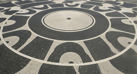 Detailed view of a stunning Portuguese pavement design featuring black and white stones forming concentric circles