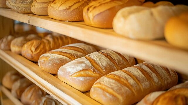 A selection of freshly baked bread is neatly arranged on wooden shelves, highlighting different loaf types and textures in a cozy bakery