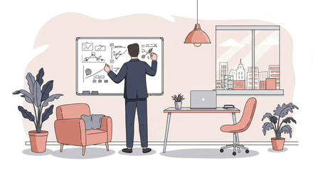 Corporate professional presenting financial data and analytics on a whiteboard in a contemporary workspace