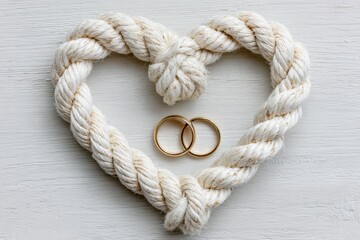 A double gold ring and heart shaped rope rest on a white wooden background