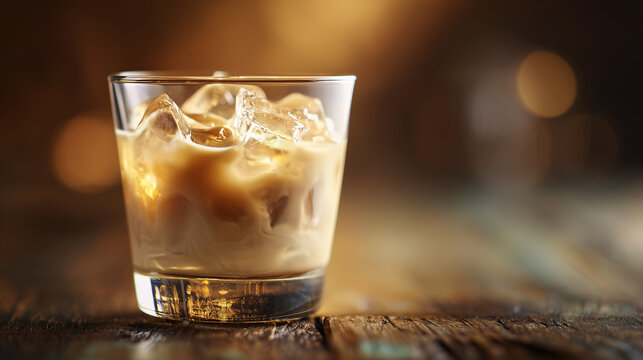 A glass of Amarula creamy beige liqueur, rich and smooth alcoholic drink made from marula fruit, elegant and indulgent beverage with sweet flavor and silky texture.