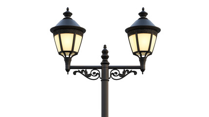 Ornate Double Street Lamp With Glowing Light Bulbs On Isolated Background