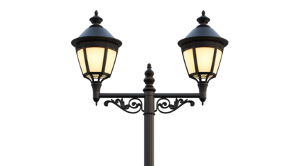 Ornate Double Street Lamp With Glowing Light Bulbs On Isolated Background