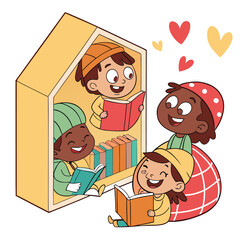 Bright and cheerful scene of kids holding books. Represents excitement of going back to school.