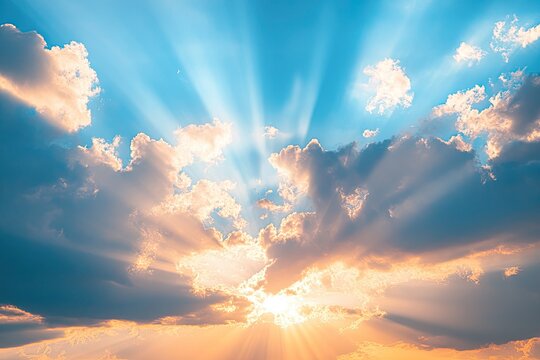 Dramatic sunset sky with clouds and sun rays