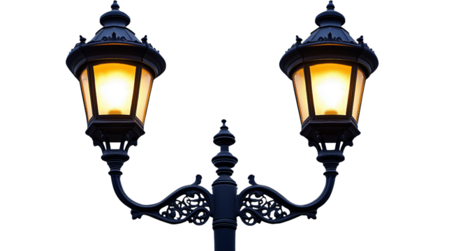 Ornate Double Streetlight Fixture With Glowing Lamps On White Background