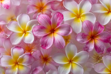 Pink water serves as the backdrop for a top view of Plumeria, or frangipani, where the flower creates ripples and casts its shadow on the surface