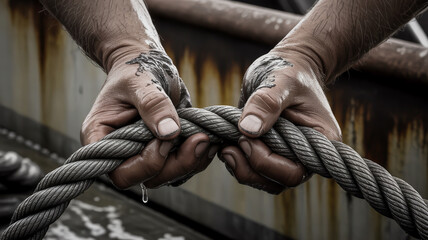 Strong hands gripping wet thick metal rope with water droplets falling