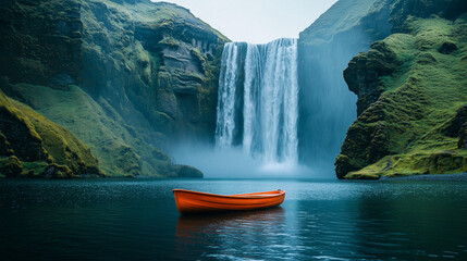 Wooden red boat floating on waterfall background with lush greenery and rocky cliffs.