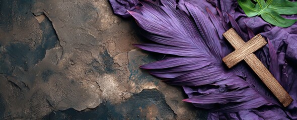 The concept of Lent season, Holy week, and Good Friday, symbolized by a palm leaf and cross on a stone background