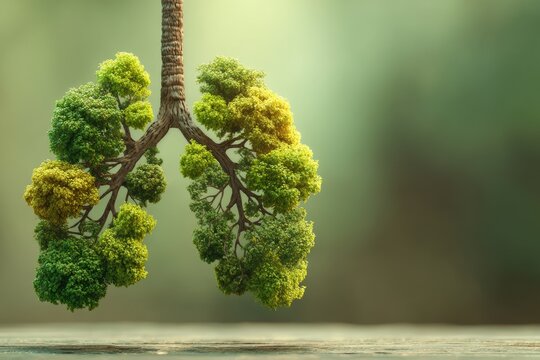 The concept of human lungs formed into a green tree is captured in this image