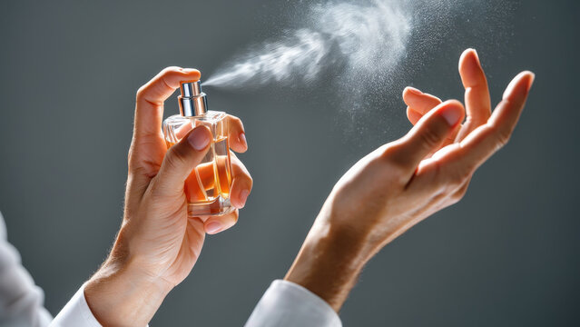 Perfume application, fragrance spray on wrist, elegant grooming ritual, luxury scent, personal care, fine aroma mist, stylish beauty routine, cologne bottle, aromatic experience, modern elegance