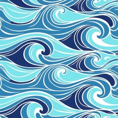 Blue and turquoise stylized ocean waves seamless pattern