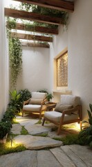 Tranquil courtyard with wooden beams and seating