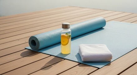 Yoga mat towel and refreshing drink on wooden deck