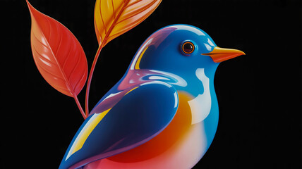Vibrant abstract bird with colorful leaves against a dark background
