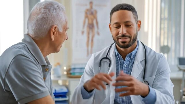 Doctor and Patient Consultation: A caring doctor attentively explains medical information to his senior patient, fostering trust and understanding during a consultation.  