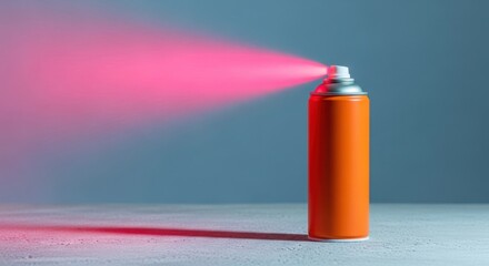 Ai generated image of orange spray can emits a vibrant pink light beam in the dark