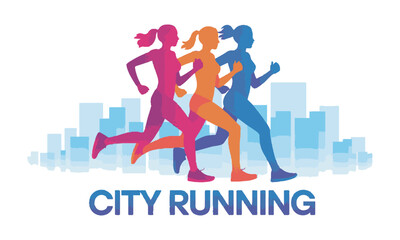 Modern vector illustrator featuring three women runners in a dynamic motion-inspired silhouette, city running logo design, running marathon in city, easily editable and scalable.